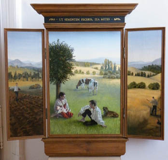 olajfestmény tájkép földműves családdal, nyitható oltárkép